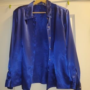 Silk blue long sleeve shirt.